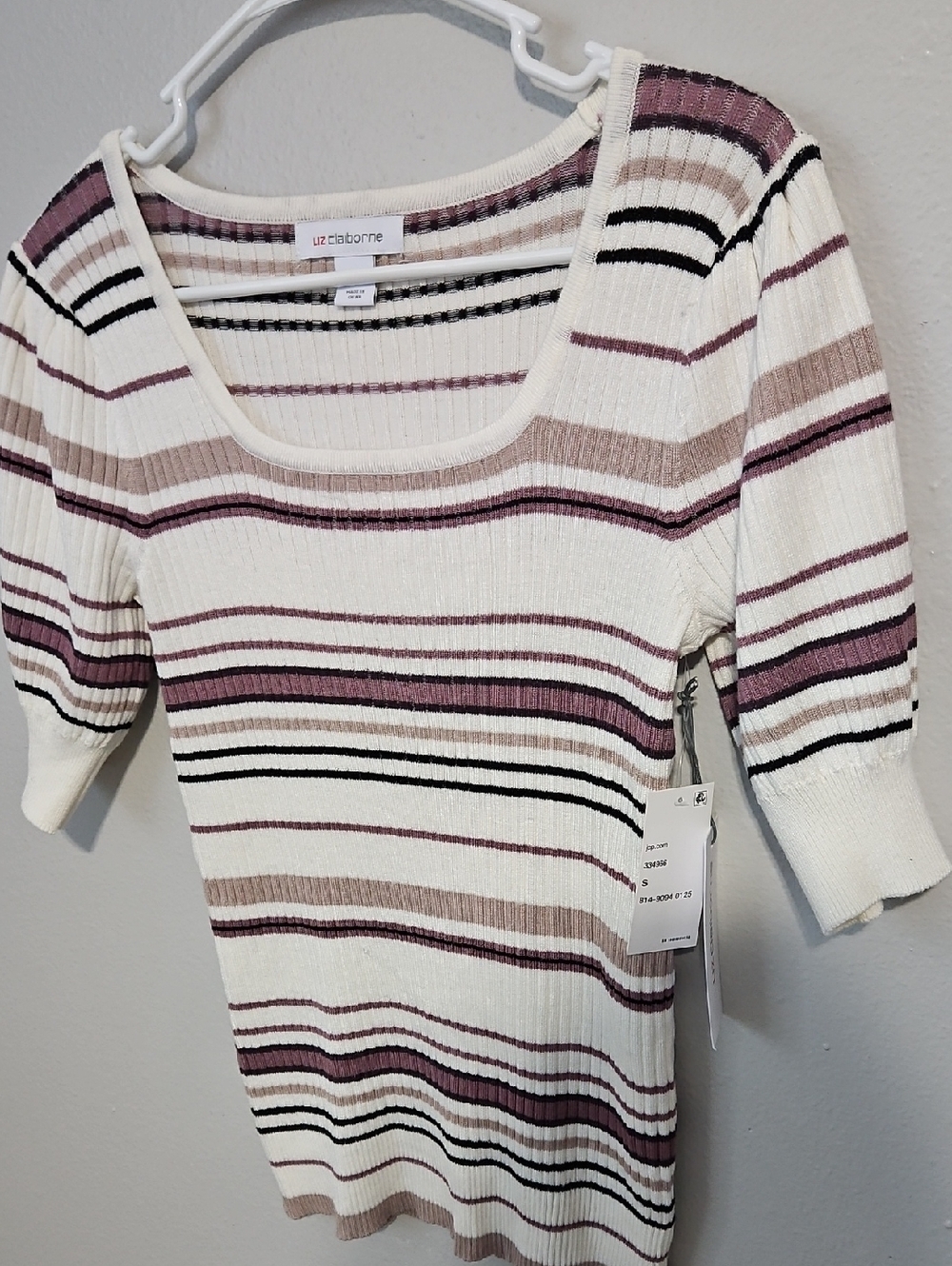 Liz Claiborne Cream Sweater with Mauve and Taupe Stripes NWT Y2k